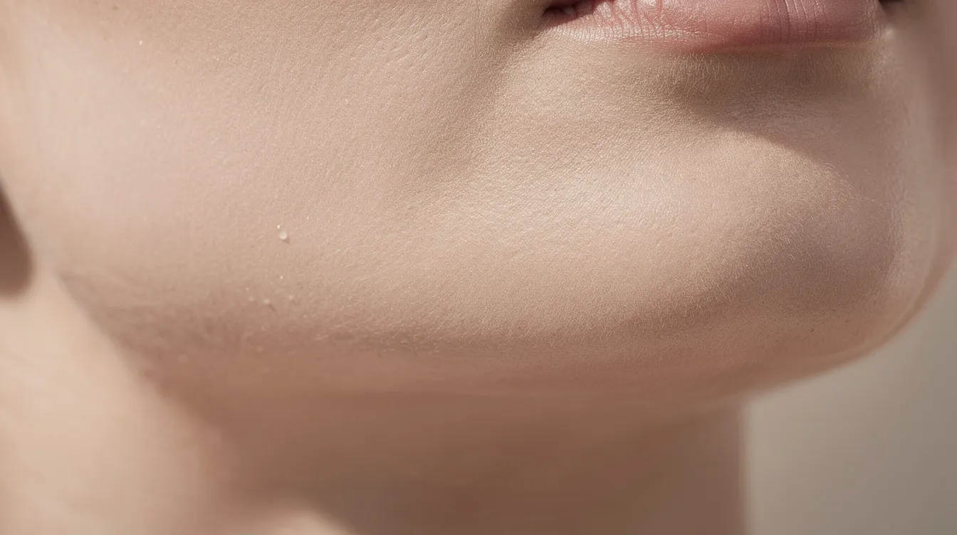 The image showcases a close-up view of a woman's cheek and jawline area, highlighting smooth, healthy skin illuminated by natural light, suggesting the benefits of radiesse treatment for achieving a youthful appearance. The skin appears radiant and free from severe wrinkles, indicating potential long-term rejuvenation effects from collagen injections.