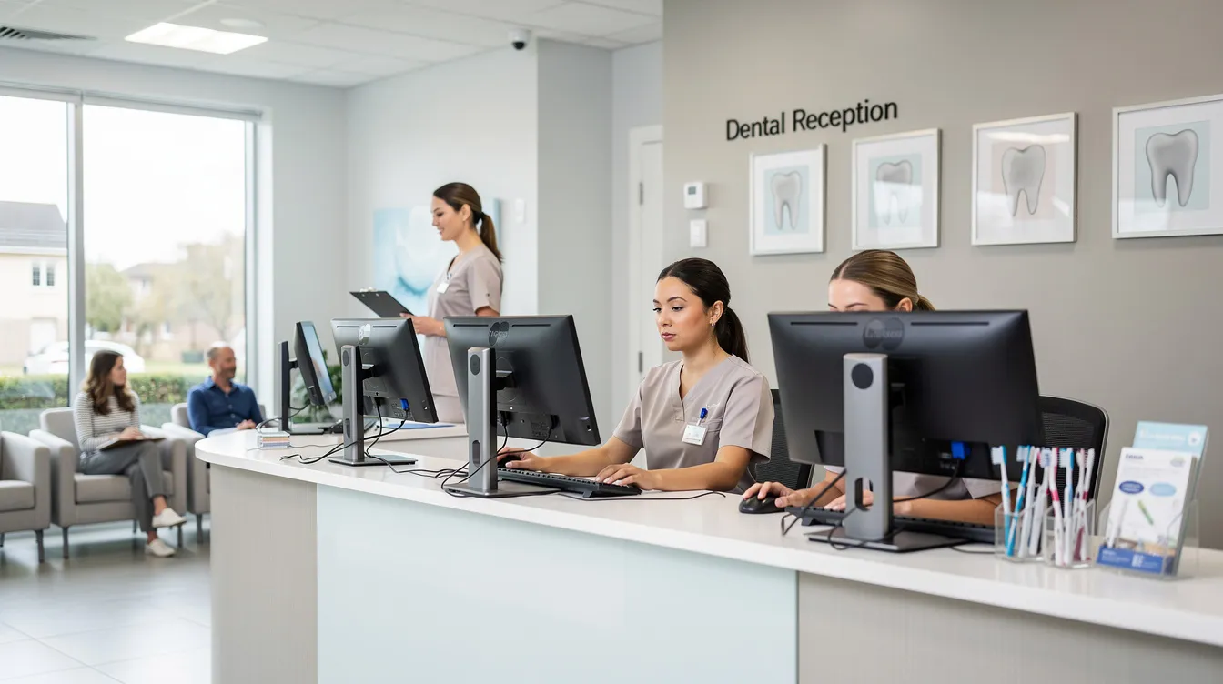 The image depicts dental office staff working at computers in a reception area, efficiently managing patient registration and billing operations. This environment highlights the importance of accurate billing and insurance verification for maintaining the practice's financial health and ensuring patient satisfaction.