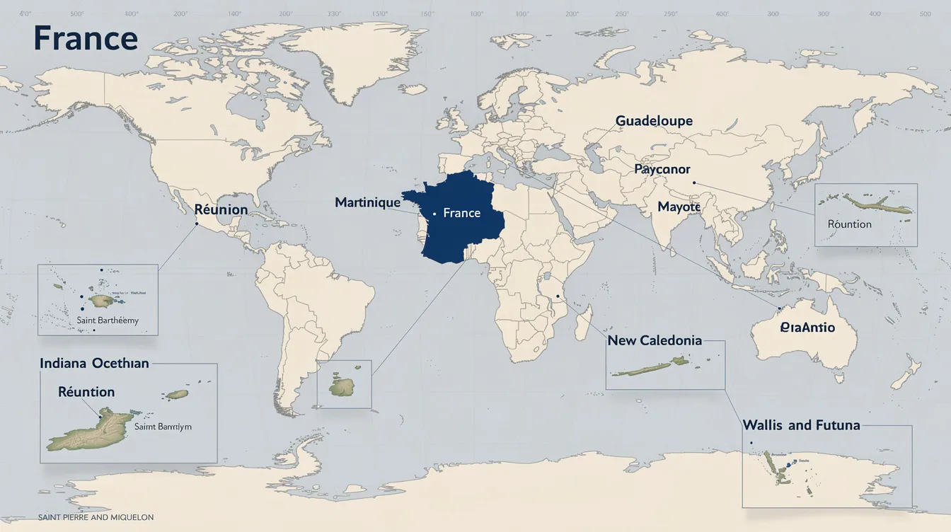 The image depicts a map of France along with its overseas island territories, highlighting their locations across the globe. This visual representation illustrates the geographical diversity of France, including its overseas departments such as French Guiana and various islands, while also serving as a reminder of the country code for France, which is 33, for international calls.