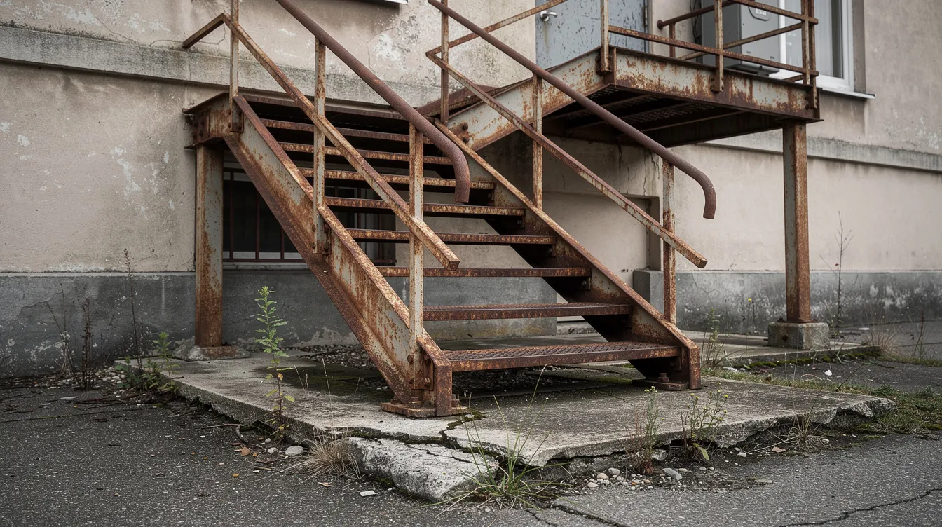 La imagen muestra unas escaleras exteriores metálicas en mal estado, con varios escalones oxidados y desiguales, lo que podría representar un peligro para los visitantes y aumentar el riesgo de accidentes por resbalones y caídas. Este tipo de condiciones puede llevar a lesiones y la necesidad de consultar a un abogado especializado en resbalones en Houston.