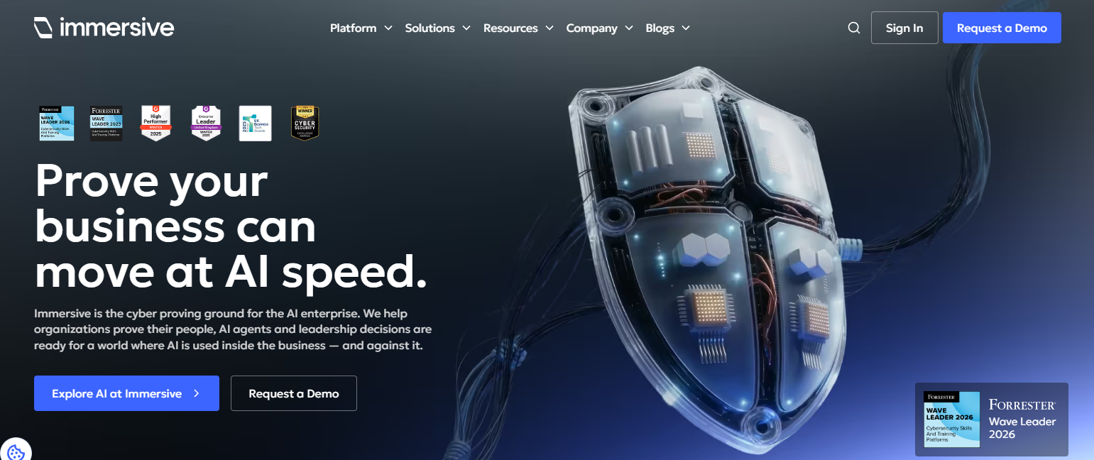 Immersive homepage showcasing AI-powered cybersecurity training and hands-on virtual labs for enterprise skill development.