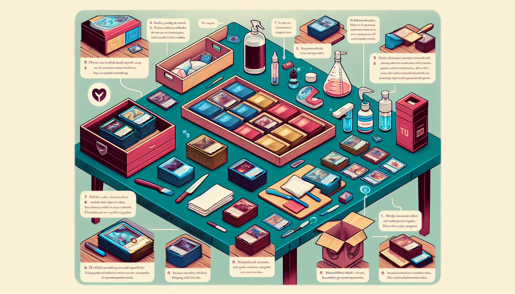 An illustration showing how to care for MTG card sleeves, including cleaning and storage tips.