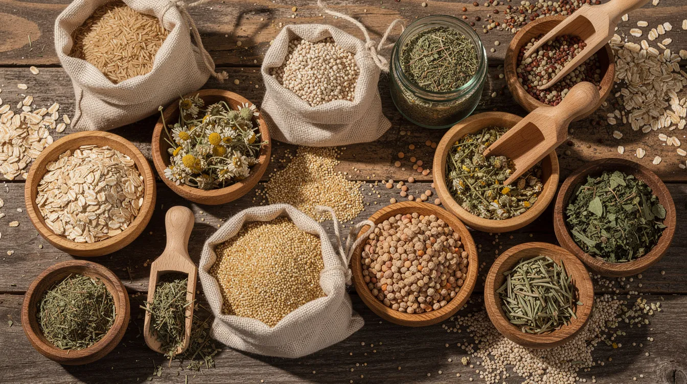2052ee85 535e 438d bcaa ba82ca2117a3 The image showcases a variety of organic grains, dried herbs, and natural products beautifully arranged on a rustic wooden table, highlighting the potential for an export business in organic food products. This arrangement can inspire entrepreneurs interested in tapping into international markets and exploring profitable business ideas in the import-export sector.