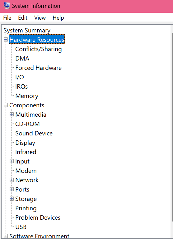 Check PC specs on Windows 11- System Information App>Hardware Resources and Components subcategories