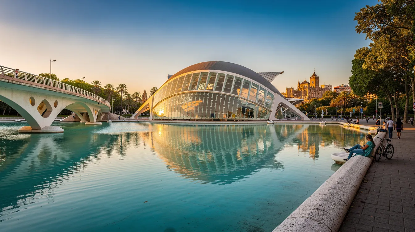 A imagem retrata um belo panorama do centro histórico de Valência, na Comunidade Valenciana, destacando a imponente Catedral de Valência e as Torres de Quart. O cenário é emoldurado por edifícios históricos e ruas charmosas, refletindo a rica história e cultura da cidade.