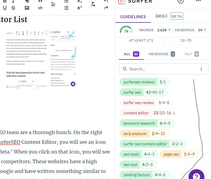 area where the key terms are in the side bar on the right hand side of the content editor page