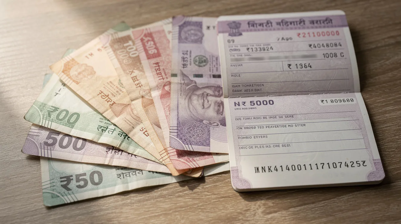 The image depicts Indian rupee banknotes alongside a bank passbook on a table, illustrating the essentials of managing a bank account. This setup symbolizes the process of sending money, highlighting the importance of understanding exchange rates and transfer fees for effective international money transfers.