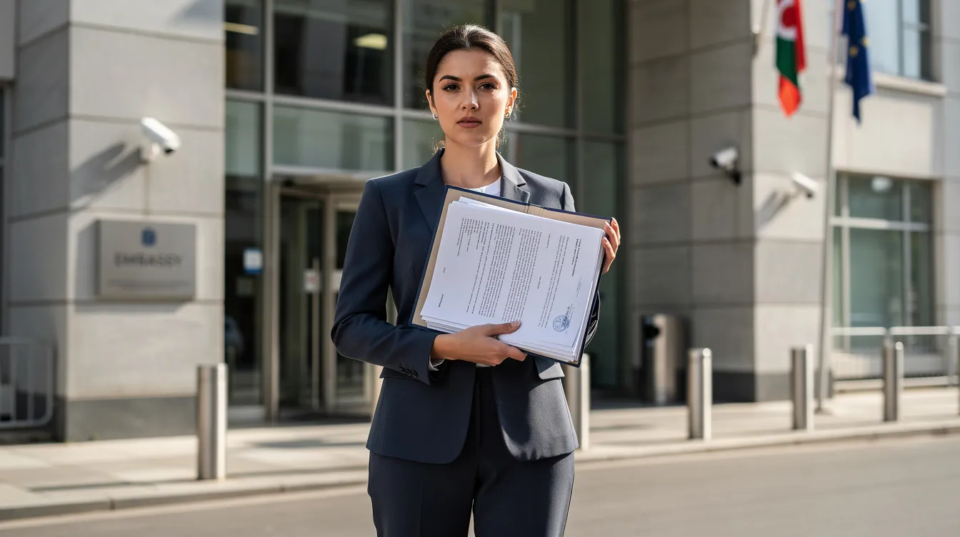 A person stands outside an embassy building, holding a folder of documents related to their application for an Italy work visa. They appear focused and ready to submit their paperwork, which is a crucial step in the immigration process for Bangladeshi applicants seeking job opportunities in EU countries.