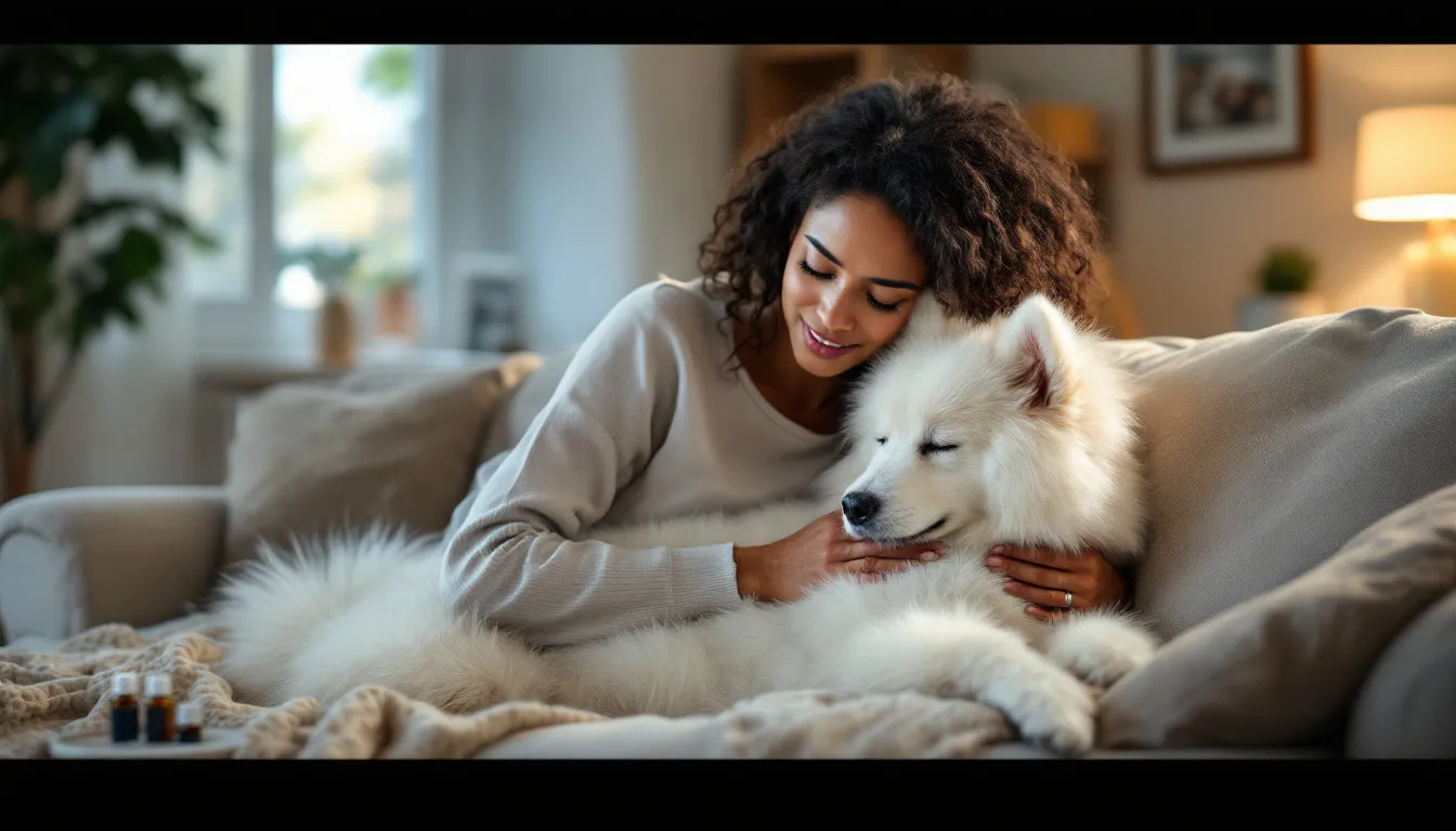 A pet owner gently handling their dog to reduce stress during vet visits.