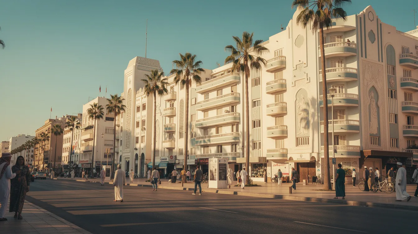 The image showcases Art Deco building facades lining a wide boulevard in downtown Casablanca, adorned with palm trees and bustling pedestrians, reflecting the city's modern infrastructure and vibrant atmosphere. This area is a popular tourist hotspot, where visitors can enjoy local street food while exploring the charming neighborhoods of Morocco's largest city.