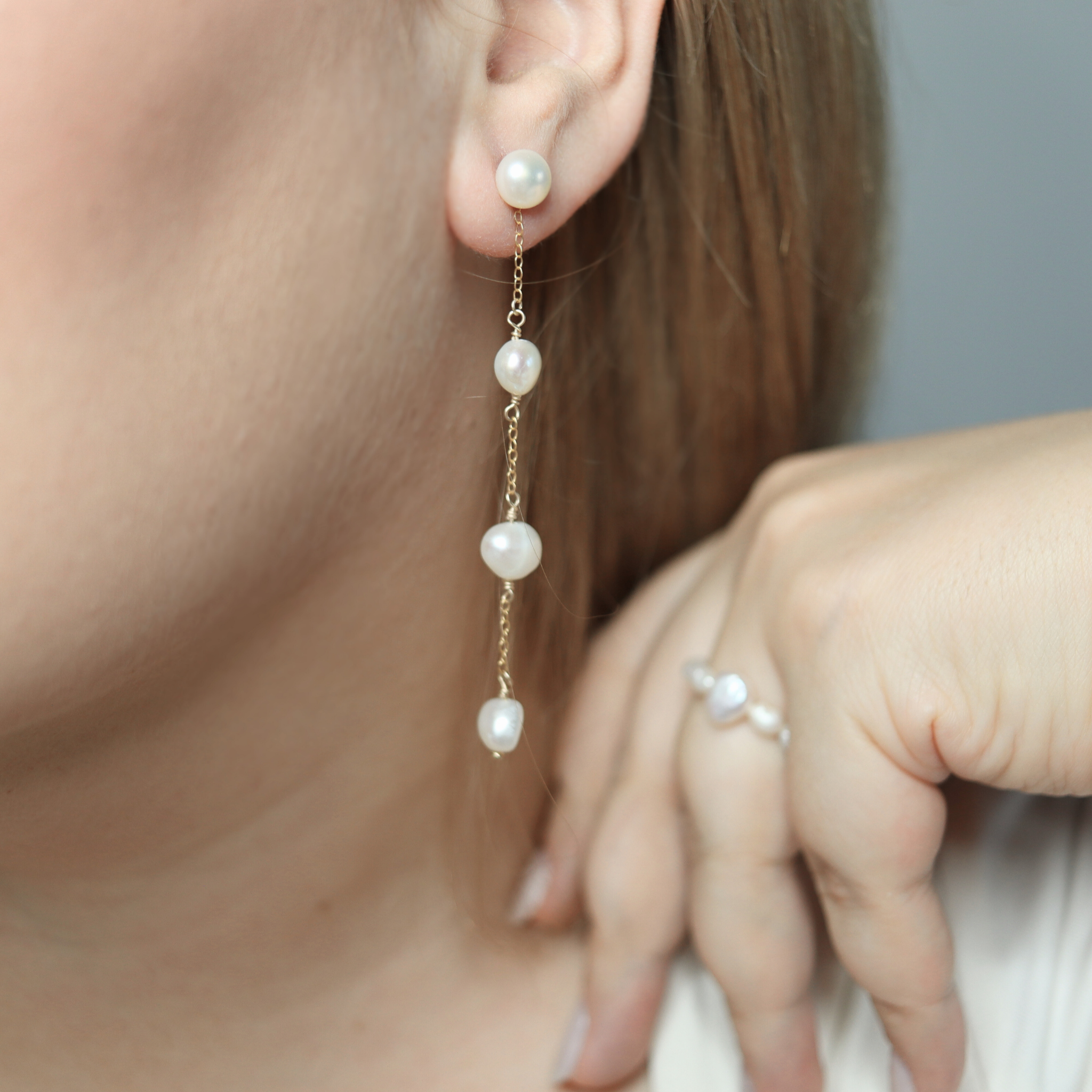 pearl drop earrings with baroque pearls and gold chain