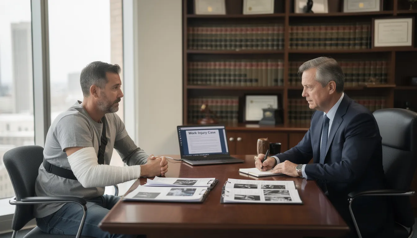 The image depicts a legal consultation meeting between an experienced workers compensation attorney and an injured worker, discussing the details of a personal injury case related to a workplace injury. The attorney is providing legal assistance to help the client understand their rights and options for recovering compensation for medical expenses and lost wages.
