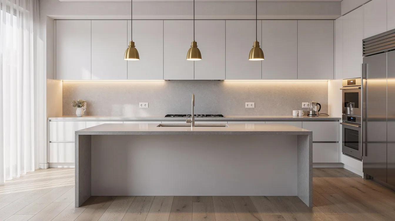En modern köksmiljö med stiliga taklampor i form av pendellampor som hänger över en köksö, samt integrerade LED-lampor under vita köksskåp. Belysningen i köket skapar en funktionell och inbjudande atmosfär för matlagning och samvaro.