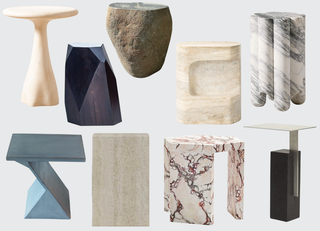 tables stone, wood, marble, and concrete (some short and some with height)