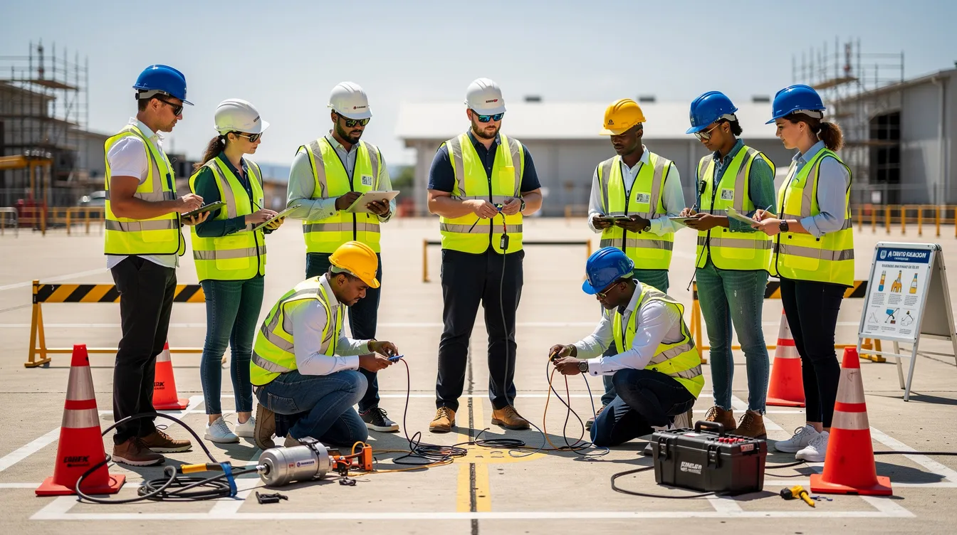 A diverse group of young workers, wearing safety helmets and high-visibility vests, are engaged in hands-on training at an outdoor area, focusing on skills relevant to construction trades. This training is part of registered apprenticeship programs aimed at developing the workforce in Tennessee, providing essential on-the-job training and career pathways for future employment.