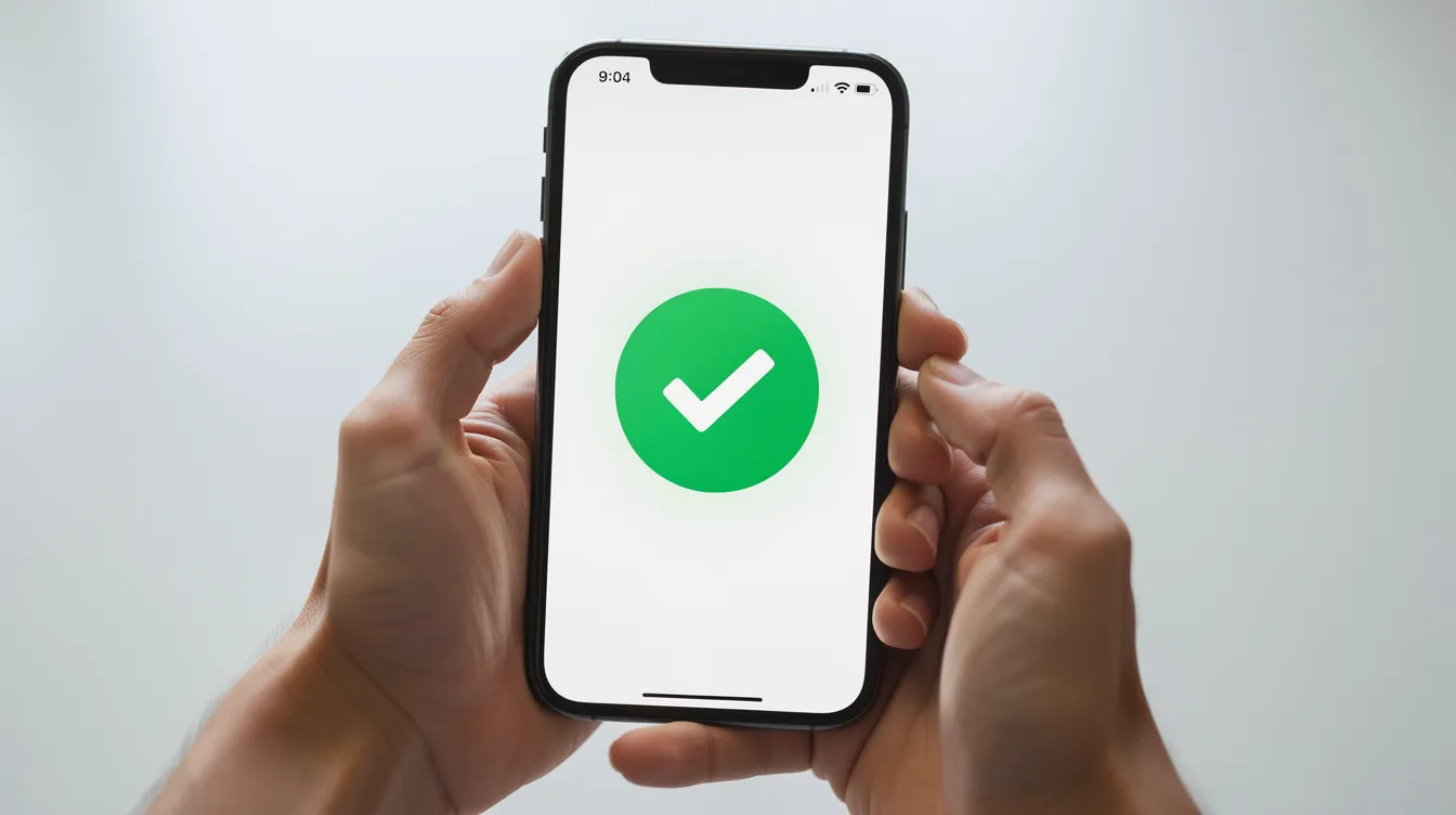 An image shows a pair of hands holding a smartphone that displays a green checkmark confirmation screen, indicating a successful money transfer. This visual represents the ease of sending money online, such as transferring funds to Cameroon with just a few taps.