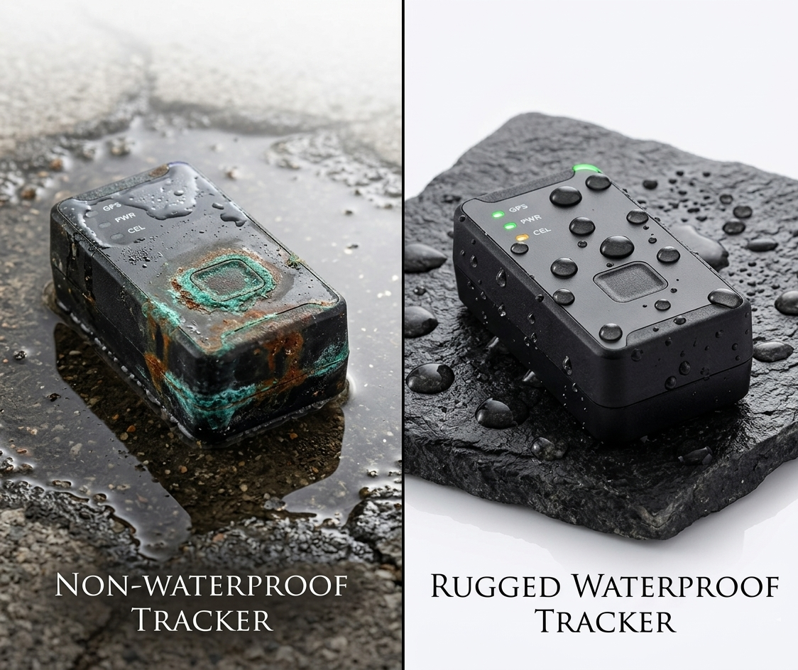Waterproof vs non-waterproof GPS tracker comparison why IP rating matters