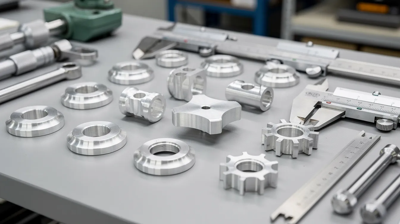The image shows precision aluminum CNC parts neatly arranged on an inspection table, accompanied by calipers and various measuring tools, highlighting the meticulous nature of CNC machining and quality control in manufacturing. This setup emphasizes the advanced technology and strict quality standards upheld by CNC machining companies in China.
