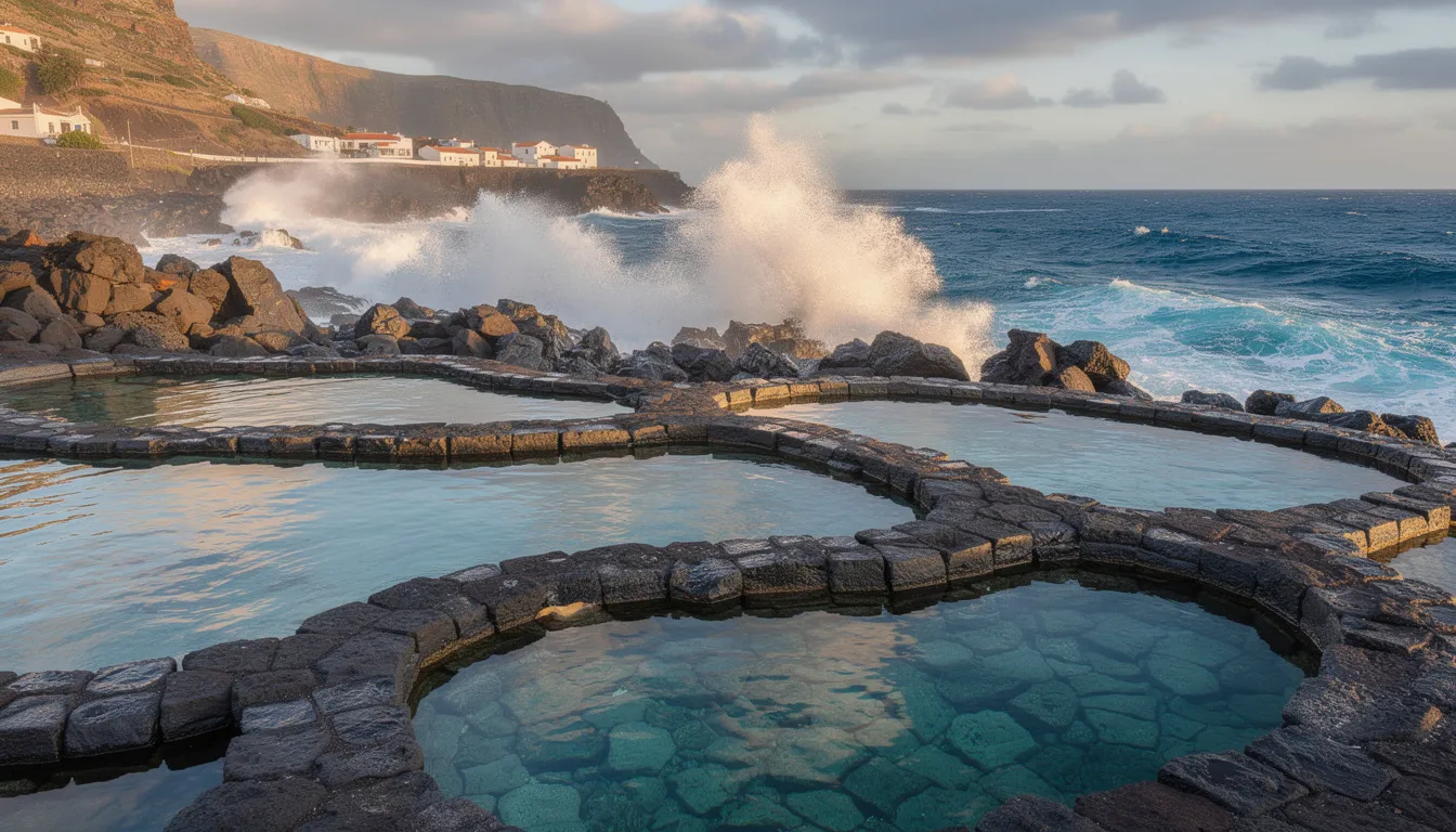 L'image montre les piscines naturelles volcaniques de Porto Moniz, entourées par des vagues puissantes de l'océan Atlantique. Ce paysage impressionnant de l'île de Madère offre une vue spectaculaire sur la mer, idéale pour les touristes cherchant à explorer cette destination unique et à profiter de la beauté naturelle de l'île.