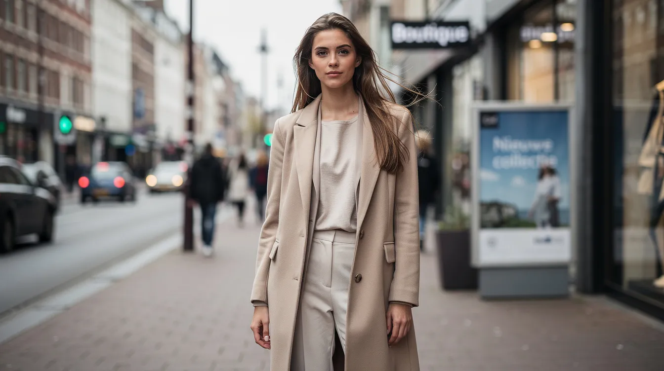 Een jong model poseert tijdens een internationale fotoshoot op straat, omringd door stedelijke elementen die de modewereld weerspiegelen. De sfeer is creatief en levendig, wat de persoonlijke ontwikkeling en groei in haar carrière benadrukt.