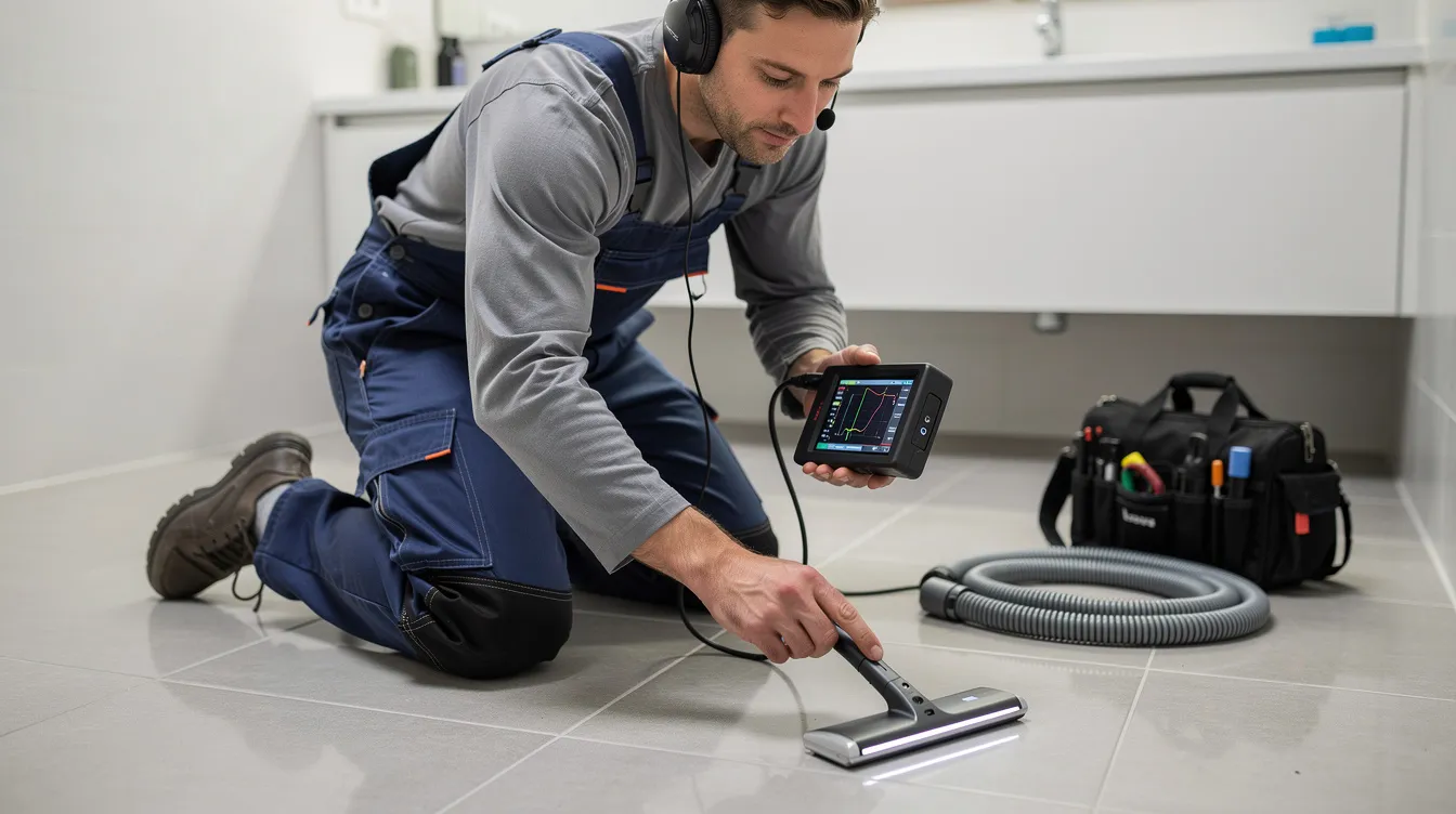 A plumber is using advanced electronic equipment to scan a tile floor, detecting hidden water leaks that may indicate plumbing issues. This expert is equipped to provide emergency plumbing services, ensuring minimal disruption and reliable service for urgent plumbing needs.