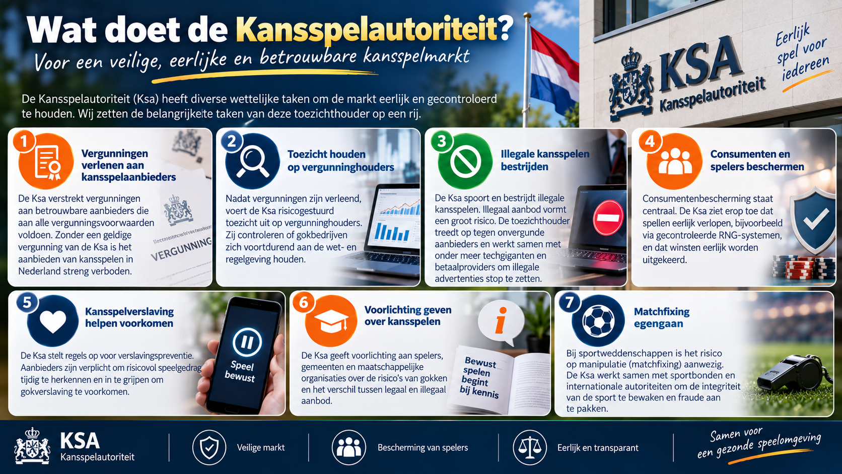 Overzicht van de belangrijkste taken van de Kansspelautoriteit, waaronder vergunningen, toezicht, handhaving en verslavingspreventie.
