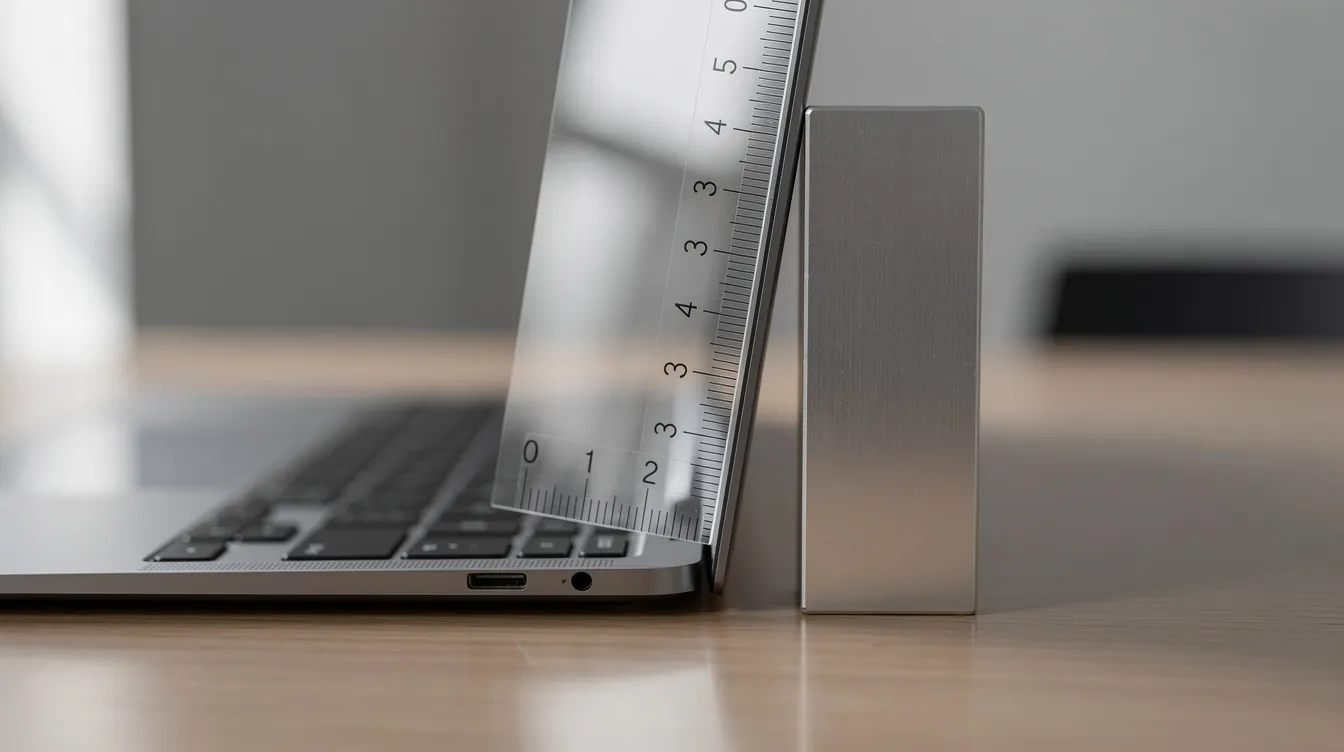 The image shows a laptop on a desk with a transparent online ruler overlay displayed on the screen, allowing for quick measurements. A small metal object is positioned against the right edge of the screen, demonstrating the ruler's ability to provide precise measurements in both metric and imperial units.