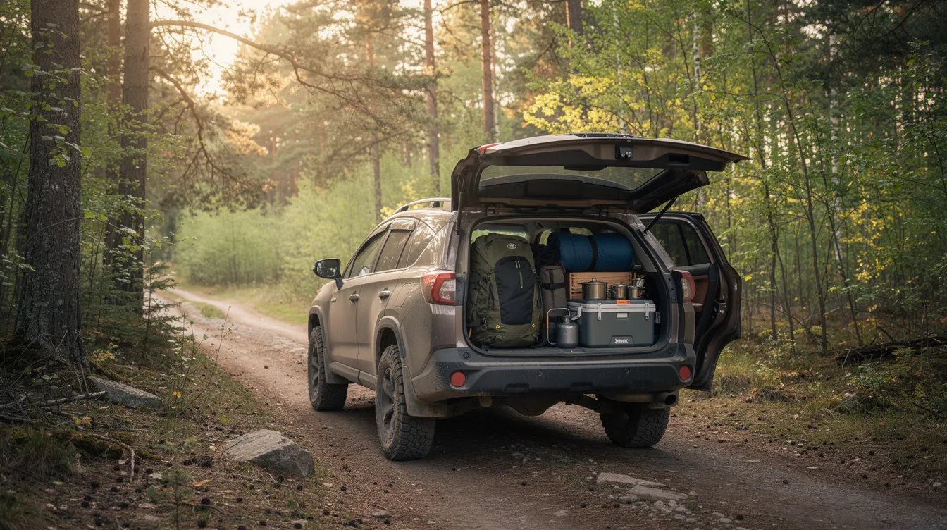A vehicle is parked near a forest trail, with camping gear securely packed in the back, ready for an outdoor adventure. The scene reflects a peaceful connection to nature, away from the concerns of gun laws and regulations, as the surrounding trees provide a serene backdrop for camping enthusiasts.