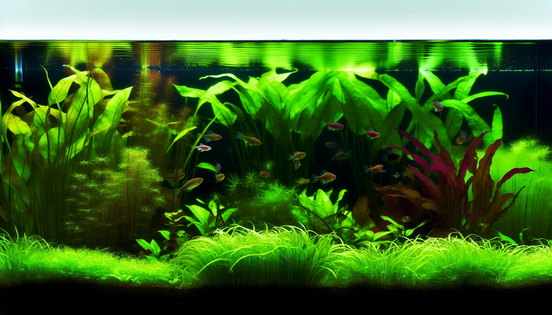 A variety of lush green aquatic plants in a freshwater aquarium