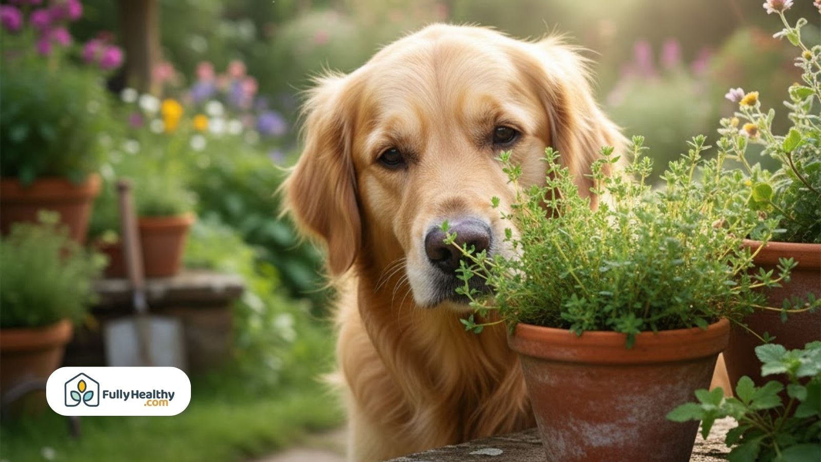 Dog sniffing garden thyme plant outdoors while exploring dog friendly herbs.