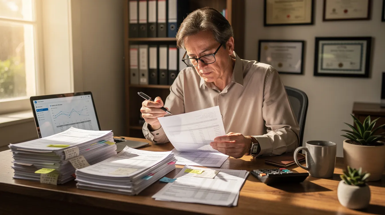 206b002e e126 49ac 942b 0cca7c74c3f0 A small business owner is meticulously reviewing stacks of financial documents at a wooden desk, highlighting their satisfactory credit track record and the necessary skills for managing loans under the Pradhan Mantri Mudra Yojana. The scene emphasizes the importance of financial assistance for micro enterprises and the careful assessment required for loan applications.