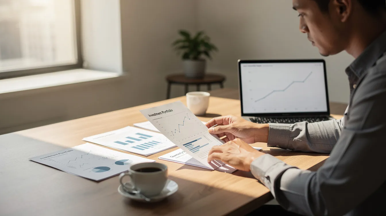 A person is sitting at a desk, calmly reviewing investment documents in natural lighting, contemplating their investment strategies and asset allocation to ensure they align with their risk tolerance and long-term goals. The scene reflects a thoughtful approach to personal finance, focusing on creating a balanced portfolio that may include safer investments and mutual funds for steady income.