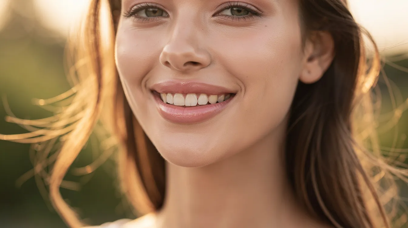 A woman outdoors is smiling naturally, showcasing her soft, healthy-looking lips, which may be the result of a lip filler treatment. Her relaxed demeanor suggests a smooth recovery, highlighting the importance of proper lip filler aftercare for achieving natural-looking results.