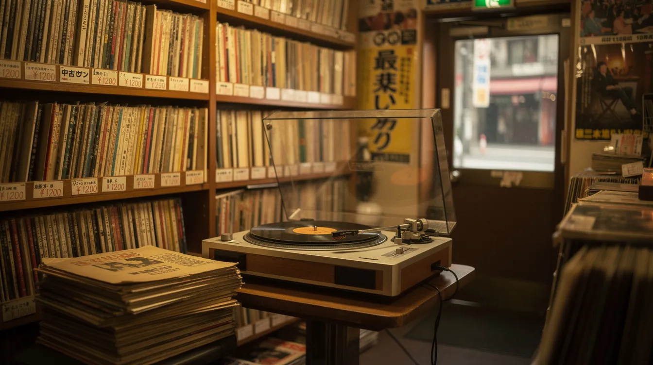 The image showcases a cozy Japanese record shop filled with vintage vinyl records and a retro turntable, evoking a nostalgic atmosphere perfect for fans of city pop and j pop music. The warm lighting and wooden shelves create an inviting space for music lovers to explore classic albums and discover new tracks from Japanese artists.