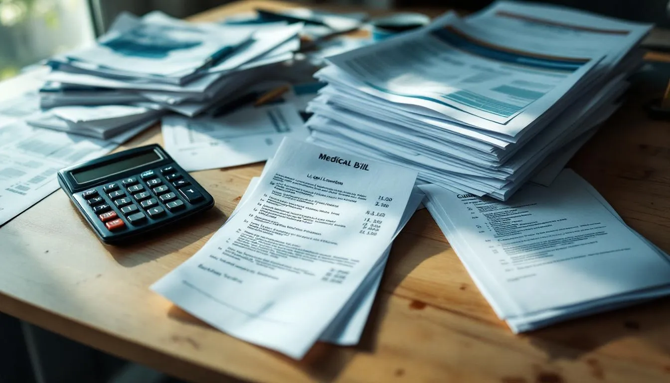 Best Lawyer for Work Injury: How to Choose the Right Attorney for Maximum Compensation 4 A cluttered desk displays various legal documents, medical bills, and a calculator, symbolizing the complex financial and legal aspects faced by injured workers navigating the workers compensation claims process. This scene reflects the importance of legal assistance from experienced workers compensation attorneys for those dealing with workplace injuries and related medical expenses.
