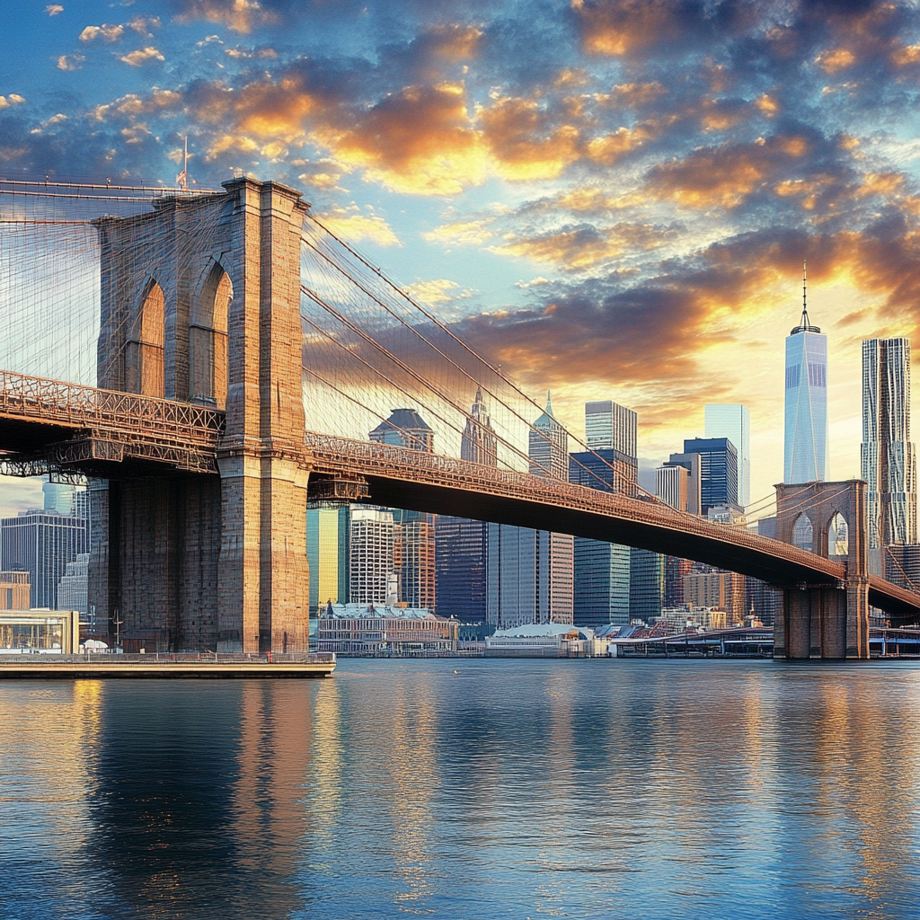 A view of the Brooklyn Bridge with the skyline of Manhattan in the background, showcasing its iconic architecture. This is a must-see on your NYC bucket list.