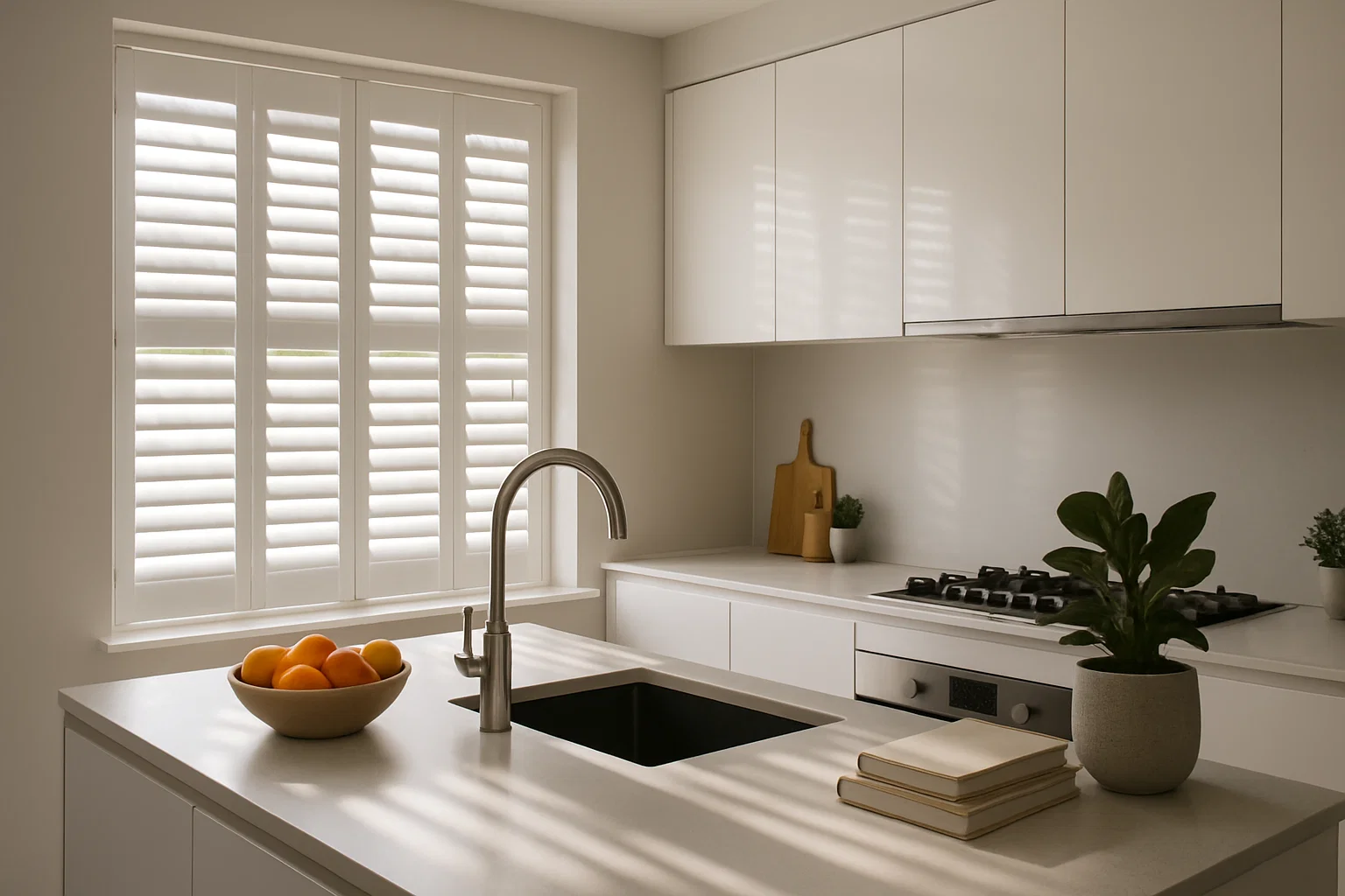 Plantation shutter blinds controlling light in a modern UK kitchen