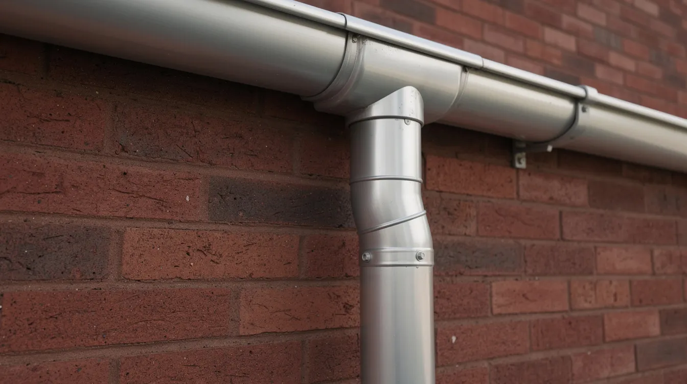 A clean aluminum gutter and downspout are positioned alongside a red brick exterior wall, showcasing the brickwork's mortar joints and structural integrity. The well-maintained gutter directs rainwater away, preventing moisture-related issues such as foundation cracks and deterioration in the brick and mortar.