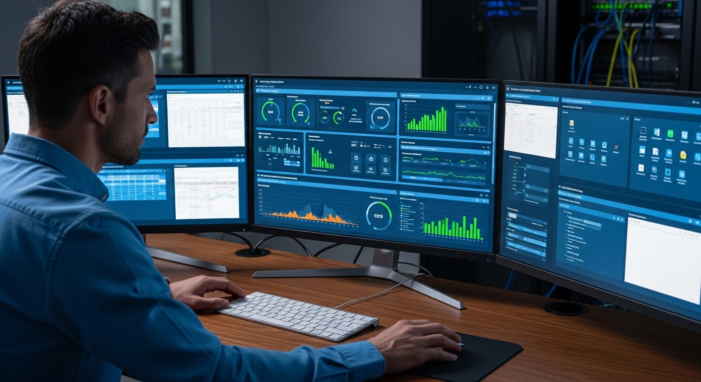IT admin managing multiple virtual desktops from a centralized cloud dashboard with unified control panel.