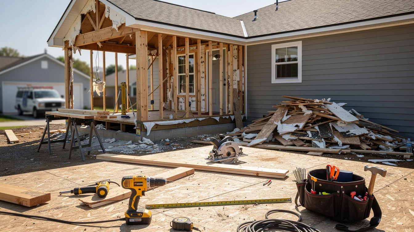 The image depicts a house undergoing renovation, showcasing exposed framing and various construction tools scattered around the site. This scene reflects the process of transforming a property, which could potentially be used as collateral for secured loans or home equity loans in the financial market.