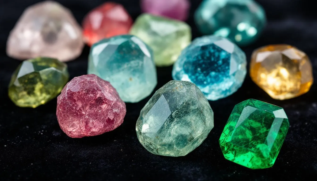 The image showcases a collection of various hard gemstones, including emerald, aquamarine, and tourmaline, highlighting their clarity and vibrant color variations. These specimens exemplify the differences in gemstone hardness as measured on the Mohs hardness scale, illustrating the durability and beauty of harder gemstones suitable for everyday jewelry and engagement rings.