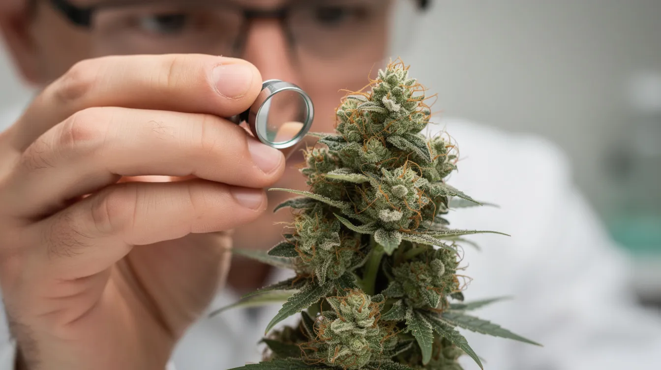 Eine Person untersucht aufmerksam eine Cannabisblüte mit einer Juwelierlupe, um mögliche Schimmelarten oder -befall zu erkennen. Die Lupe ermöglicht einen detaillierten Blick auf die Trichome und die Qualität der Blüten, was für den Cannabis-Anbau und die Ernte entscheidend ist.