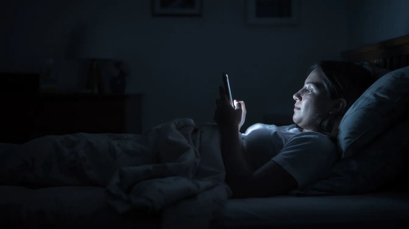 A person is sitting in a dark bedroom at night, staring at a bright phone screen, which can disrupt their circadian rhythm and make it harder to fall asleep. The exposure to artificial light, especially blue light, may contribute to trouble sleeping and affect their body&rsquo;s sleep-wake cycle.