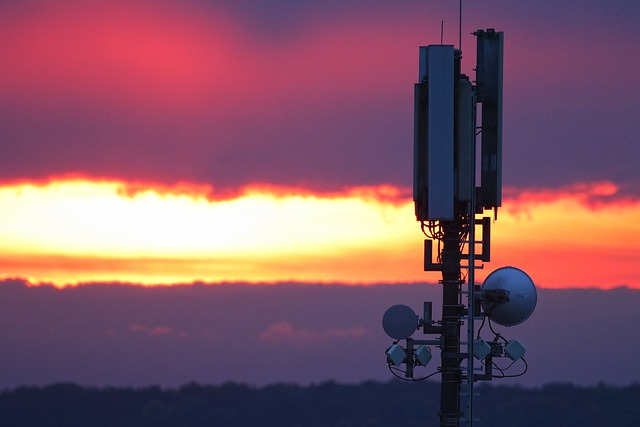 Mobile telephone mast, tower, sunset