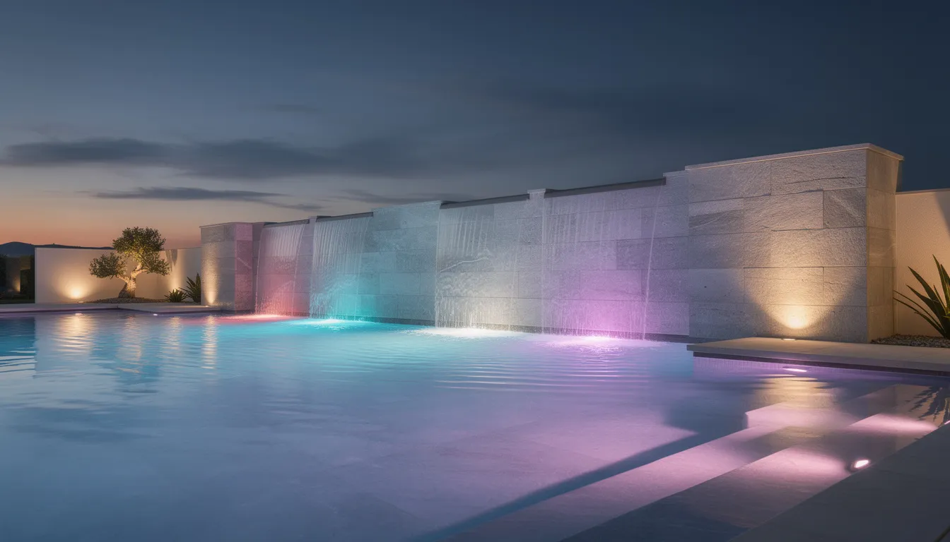 The image depicts a stunning outdoor living space featuring a swimming pool illuminated by colorful LED underwater lighting, complemented by elegant stone water features, all set against the backdrop of dusk. This inviting outdoor area is perfect for evening gatherings, enhancing the visual appeal and creating a relaxing atmosphere for entertaining guests.