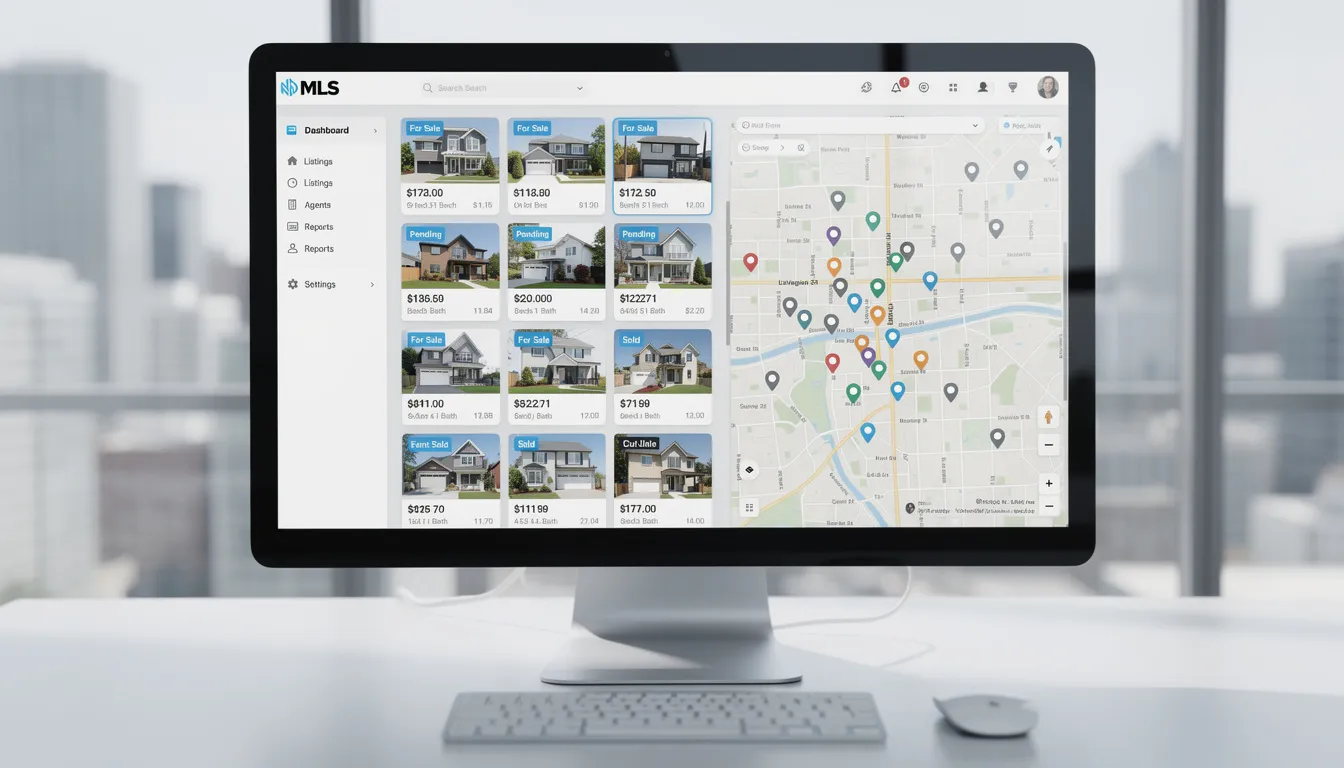 The image showcases a real estate website featuring a variety of MLS listings, designed with a mobile-responsive WordPress theme. It highlights the integration of IDX solutions, allowing users to perform detailed MLS searches and capture leads through powerful lead capture tools and customizable search forms.