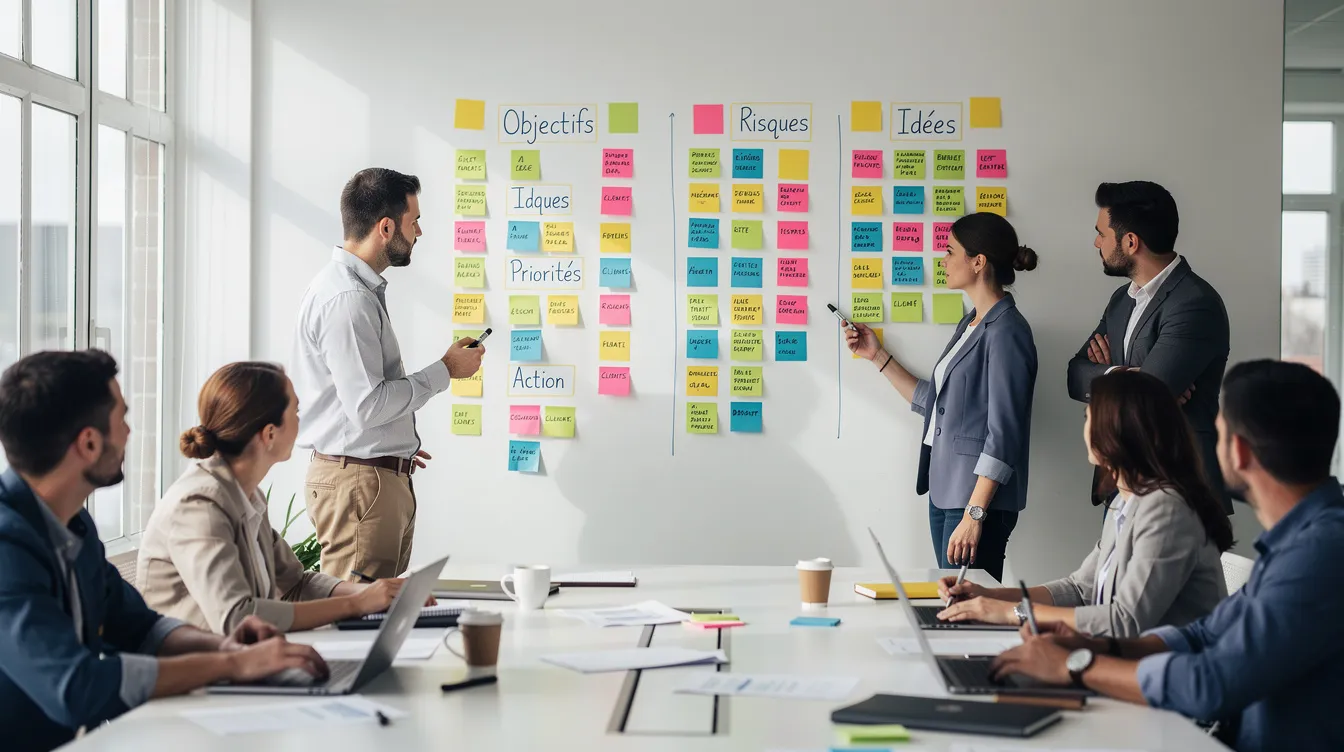 L'image montre une session de planification stratégique, où des participants collaborent autour d'un mur couvert de post-it colorés. Cette scène illustre l'importance du coaching en management et de la prise de décision collective au sein d'une équipe pour atteindre des objectifs organisationnels.
