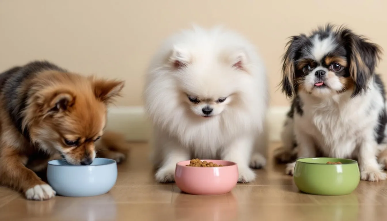 In the image, various small breed dogs are happily eating from small bowls filled with appropriately sized kibble, showcasing the importance of complete and balanced nutrition for small dogs. This scene emphasizes the dietary needs of small breed puppies and adult dogs, highlighting the significance of choosing the right dog food for their health and energy levels.