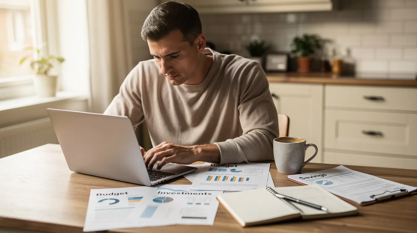 A person is sitting at a kitchen table, focused on their laptop while reviewing financial planning notes that include details about interest rates, loans, and the prime rate. The setting suggests an organized approach to managing personal finances, possibly discussing how the federal funds rate and prime rate affect savings accounts and small business loans.