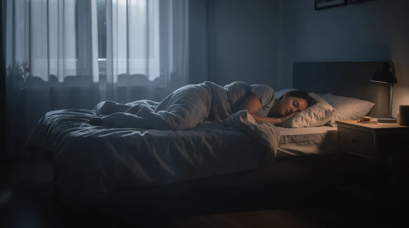 A person is peacefully sleeping in a dark, cozy bedroom, with soft moonlight filtering through sheer curtains, creating a serene atmosphere ideal for restful sleep. This tranquil setting may evoke thoughts of natural sleep supplements, like functional mushroom gummies, that support improved sleep quality and stress relief.